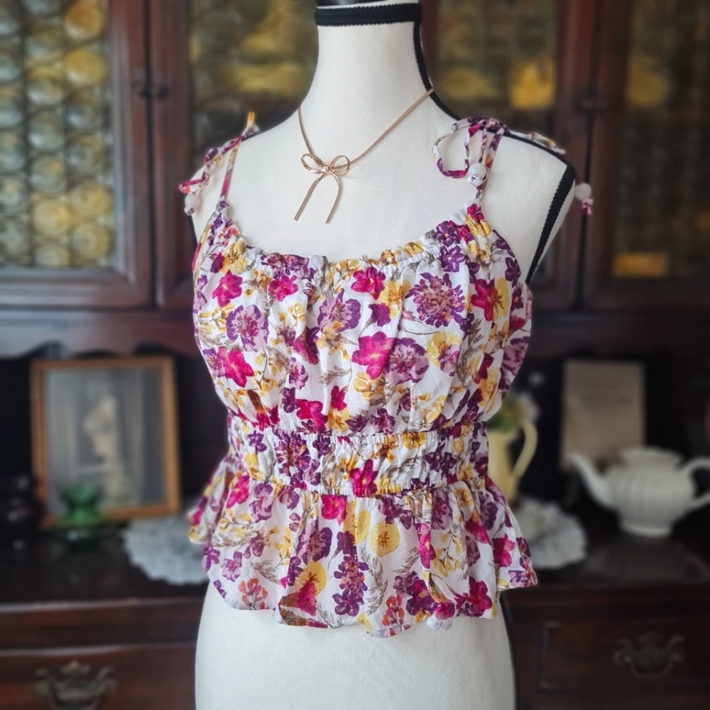 J. Crew Reimagined Floral Peplum Blouse with Tir Straps size Medium
